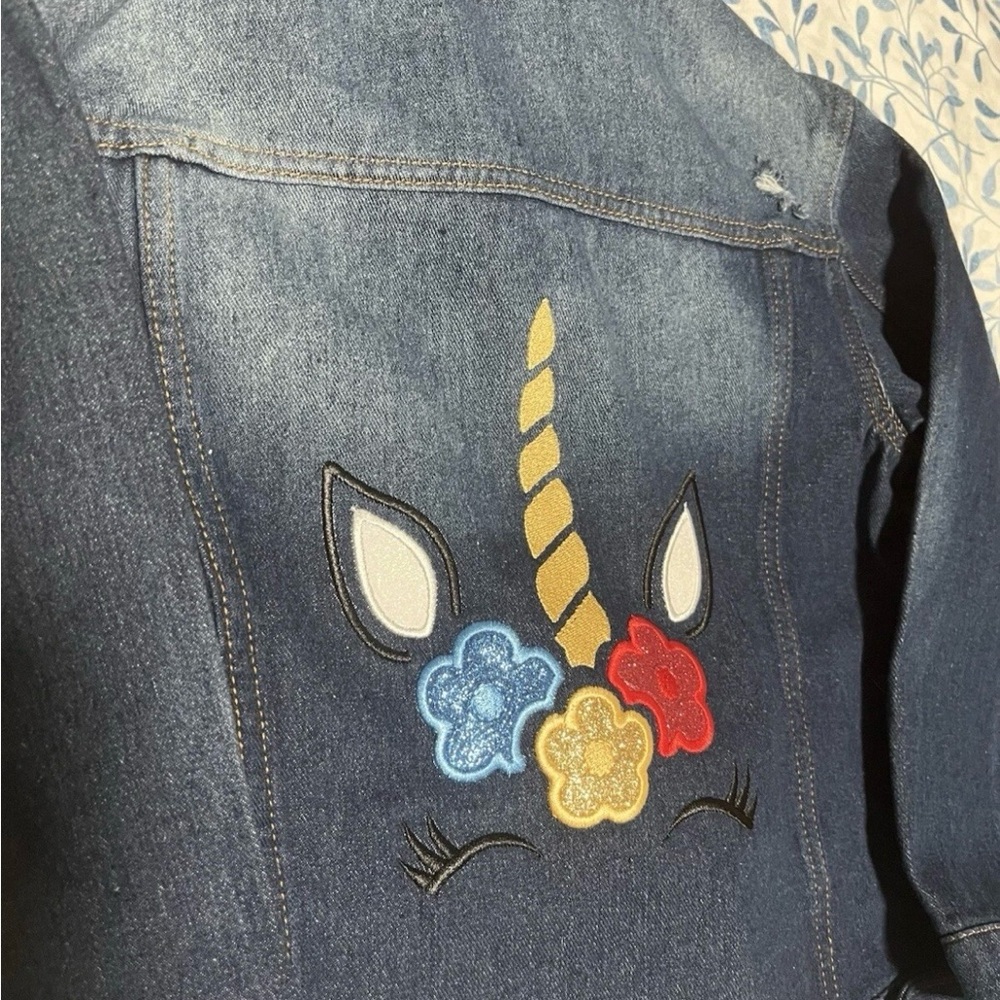 Soho Distressed Blue Jean Jacket Unicorn Embroidered